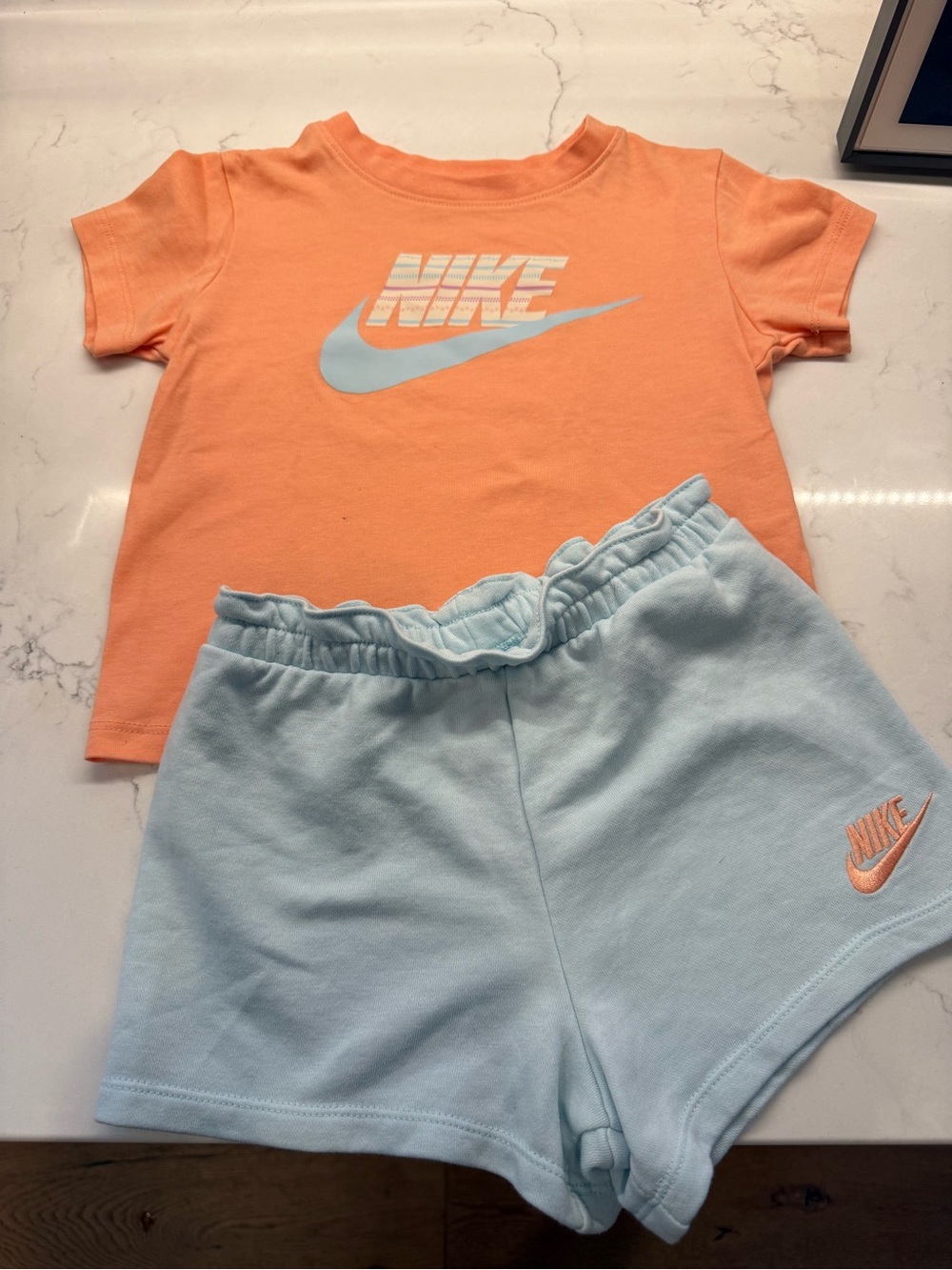 Nike Girls Tee & Shorts Set - Peach & Light Blue